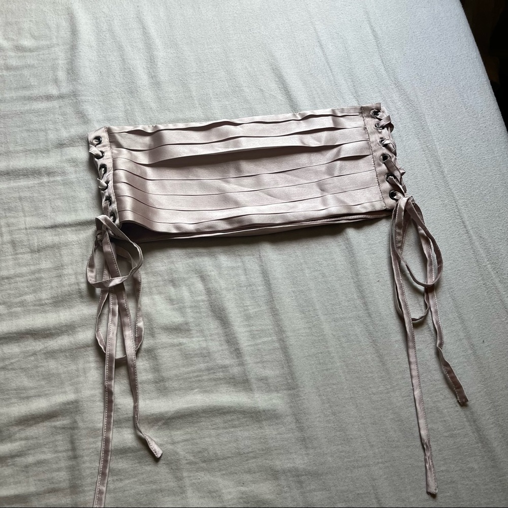 NFC dusty pink satin pleated strapless lace up detail cropped bandeau top